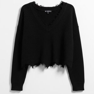 SHEIN Black Frayed V-Neck Sweater